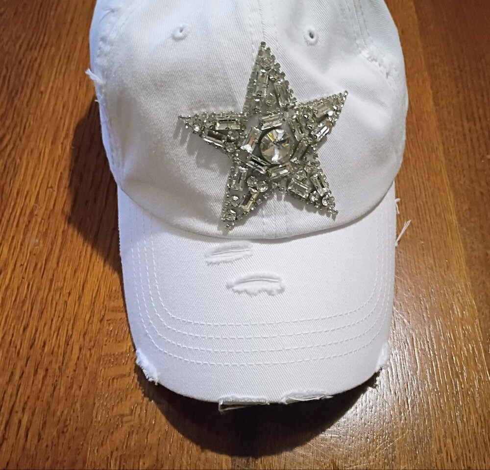 NEW Ladies White Baseball Cap with Silver Beaded Star
